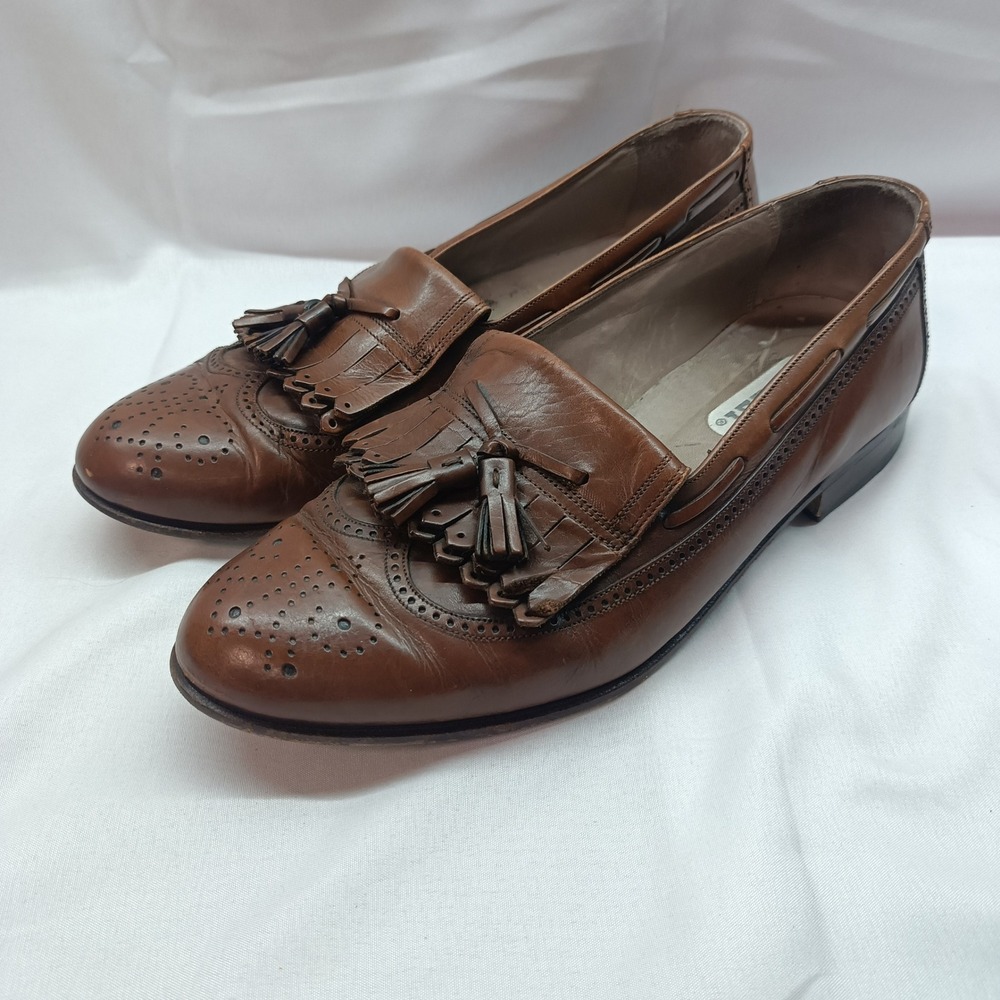 Bally Mens Brown Leather Kiltie Tassel Wingtip Loafers Made in Italy 8.5D Vtg